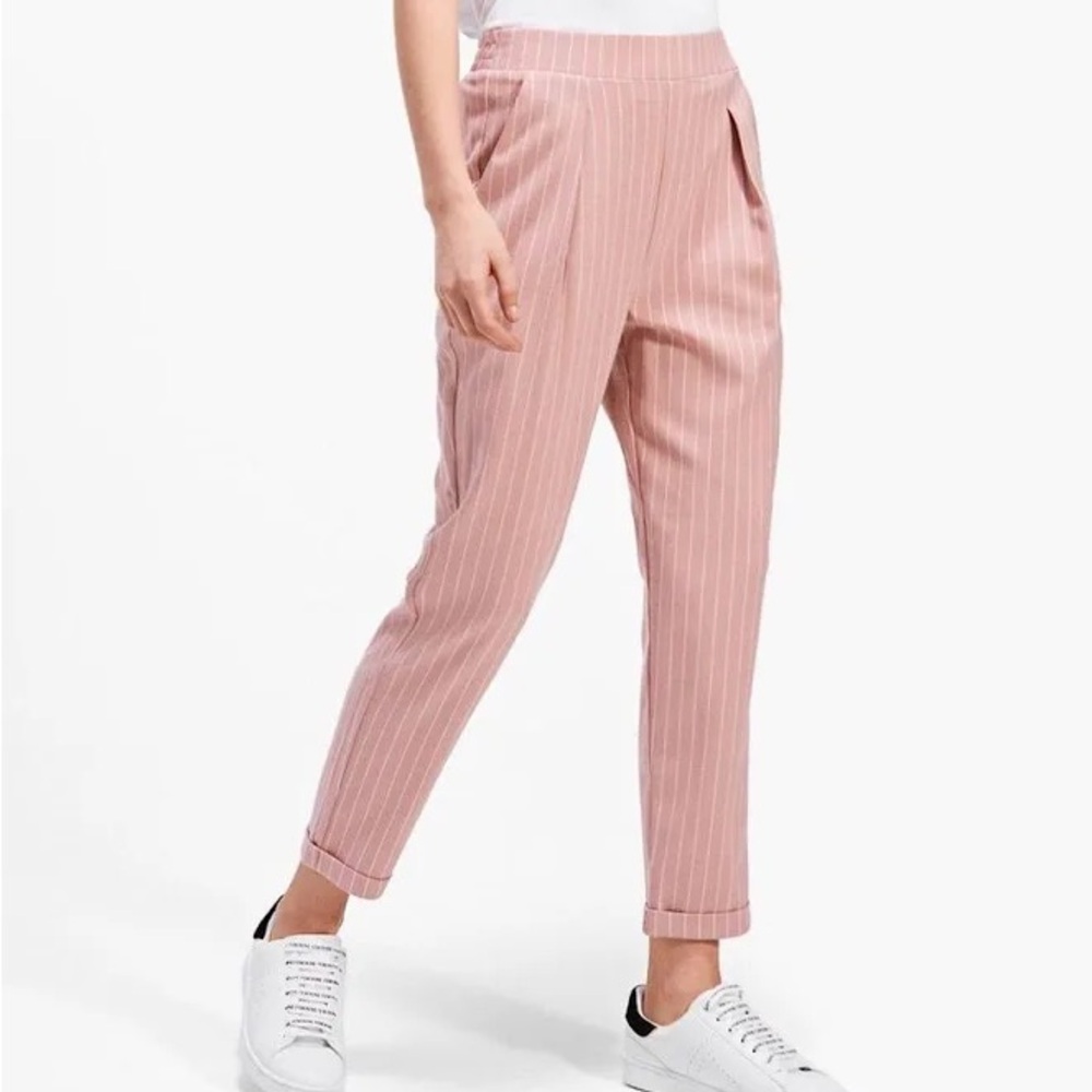 Stradivarius Pink and White Striped Elastic-Band Pants